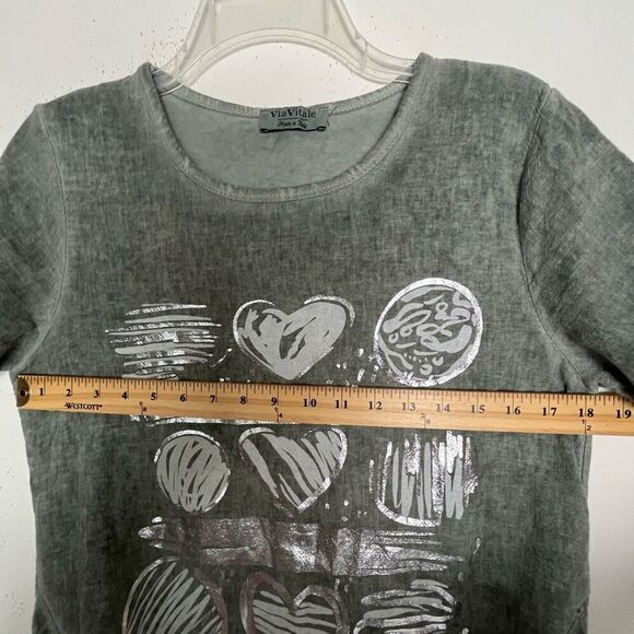 Via Vitale Cotton Linen Gauze Top Womens Small Eyelet Drawstring Hem Foil Hearts - Picture 7 of 11